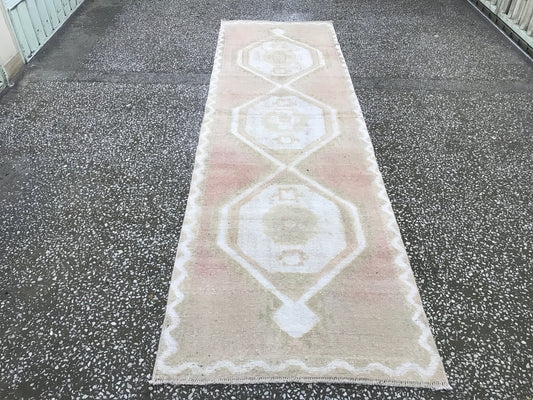 Blush Runner rug/ 3.28 x 10.80 feet/ Turkish rug runner/ Oushak runner rug/ Vintage decor carpet runner/ entryway rug/ kitchen rug runner