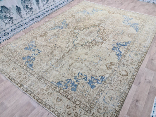 9x12 Beige and Blue Rug/Oversized Vintage Carpet/ Extra Large Natural Wool Rug For Livingroom/ Muted Turkish Oushak Rug/ Boho Decor Area Rug