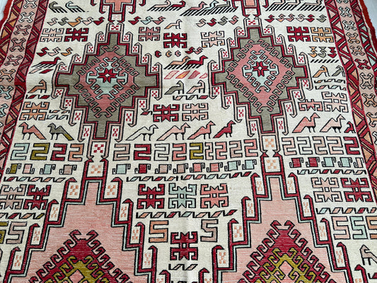 4x6 Soumak rug Silk - Hand Woven Decorative Rug - Vintage Accent Rug - Antolian Rug - Animal Print Rug - Pink and Cream Rug