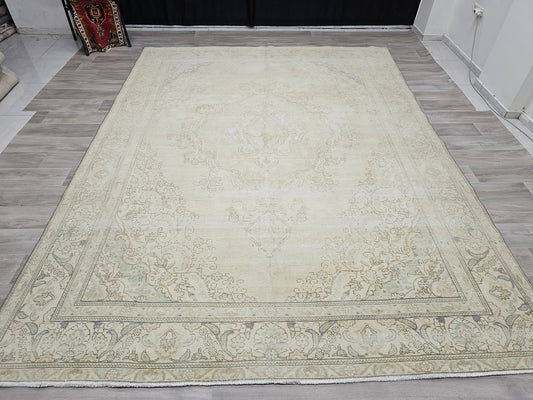 9x12 Neutral Area Rug/ Oversized Vintage Carpet/ Extra Large Natural Wool Rug For Livingroom/ Muted Turkish Oushak Rug/9.40x12.60 feet