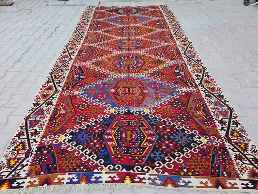 Vintage Kilim Rug / 6.40x13 feet / Kelim Teppich Vintage | Turkischer Kelim Teppich | Natural Oushak Rug | Turkish Rug | Pastel Color Rug